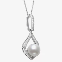 Womens White Cultured Freshwater Pearl Sterling Silver Diamond Pear Pendant Necklace