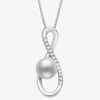 Womens White Cultured Freshwater Pearl Sterling Silver Infinity Pendant Necklace