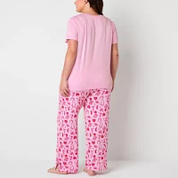 Jaclyn Womens Plus V-Neck Short Sleeve 2-pc. Pant Pajama Set