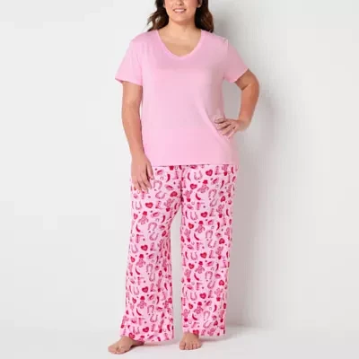 Jaclyn Womens Plus V-Neck Short Sleeve 2-pc. Pant Pajama Set