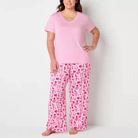 Jaclyn Womens Plus V-Neck Short Sleeve 2-pc. Pant Pajama Set