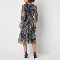 Danny & Nicole Womens 3/4 Sleeve Floral Midi Fit + Flare Dress Petite