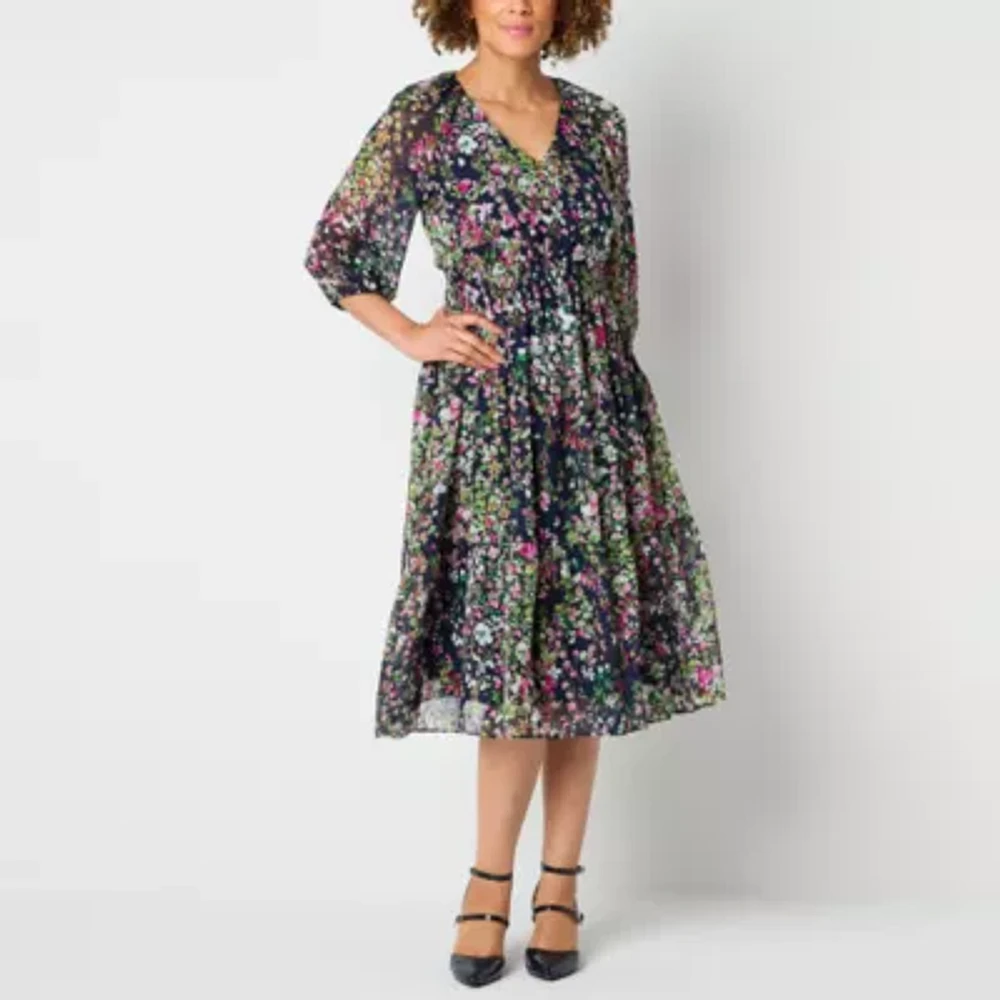 Danny & Nicole Womens 3/4 Sleeve Floral Midi Fit + Flare Dress Petite