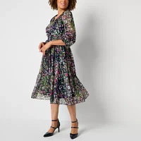 Danny & Nicole Womens 3/4 Sleeve Floral Midi Fit + Flare Dress Petite