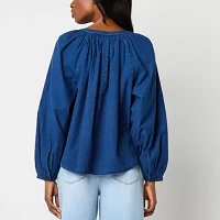 a.n.a Denim Womens Split Tie Neck Long Sleeve Blouse