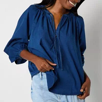 a.n.a Denim Womens Split Tie Neck Long Sleeve Blouse