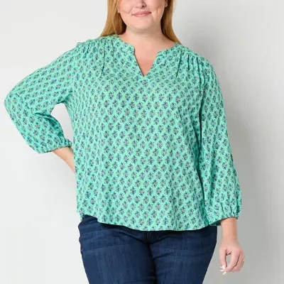 St. John's Bay Plus Womens Split Crew Neck Long Sleeve Blouse