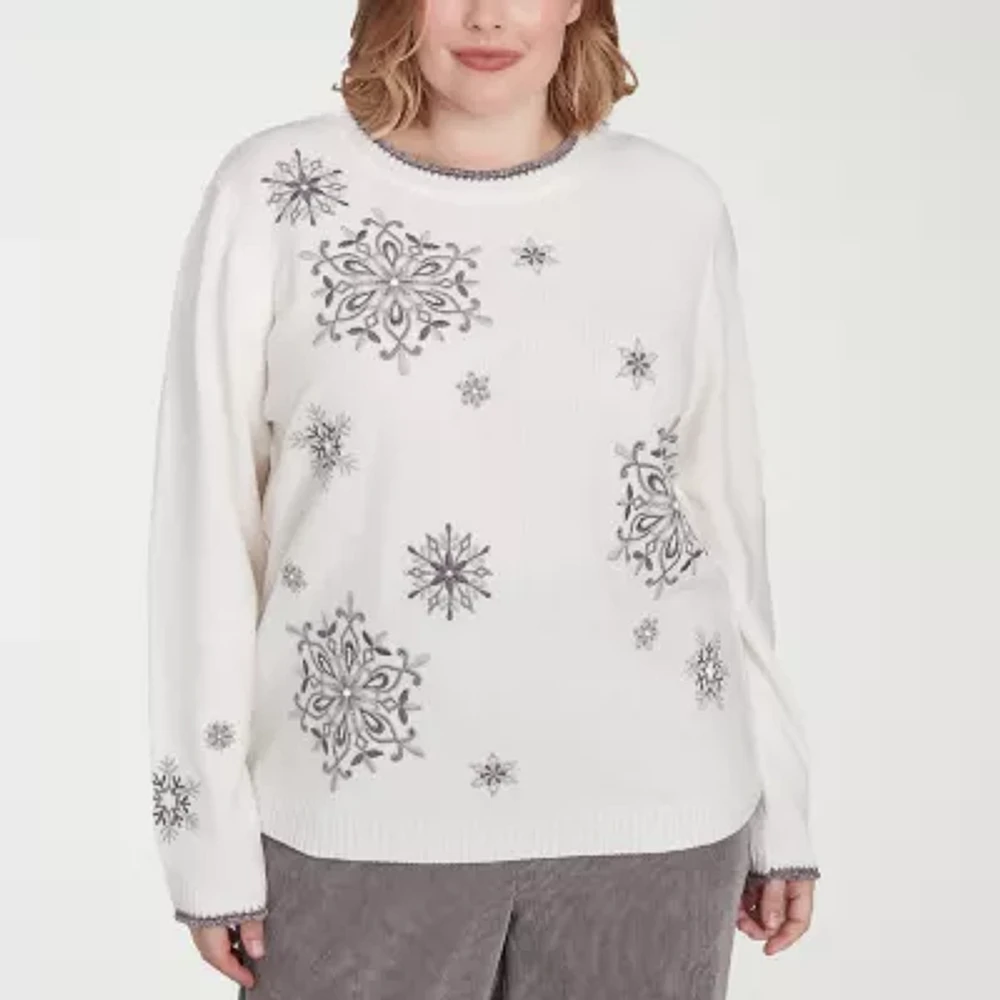 Alfred Dunner Plus Copenhagen Womens Crew Neck Embellished Long Sleeve Pullover Sweater