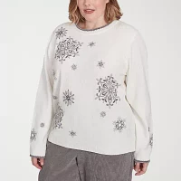 Alfred Dunner Plus Copenhagen Womens Crew Neck Embellished Long Sleeve Pullover Sweater