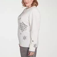 Alfred Dunner Plus Copenhagen Womens Crew Neck Embellished Long Sleeve Pullover Sweater