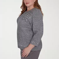 Alfred Dunner Plus Copenhagen Womens Crew Neck Embellished 3/4 Sleeve Pullover Sweater