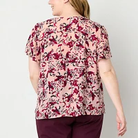 Liz Claiborne Plus Womens Split Crew Neck Short Sleeve Blouse