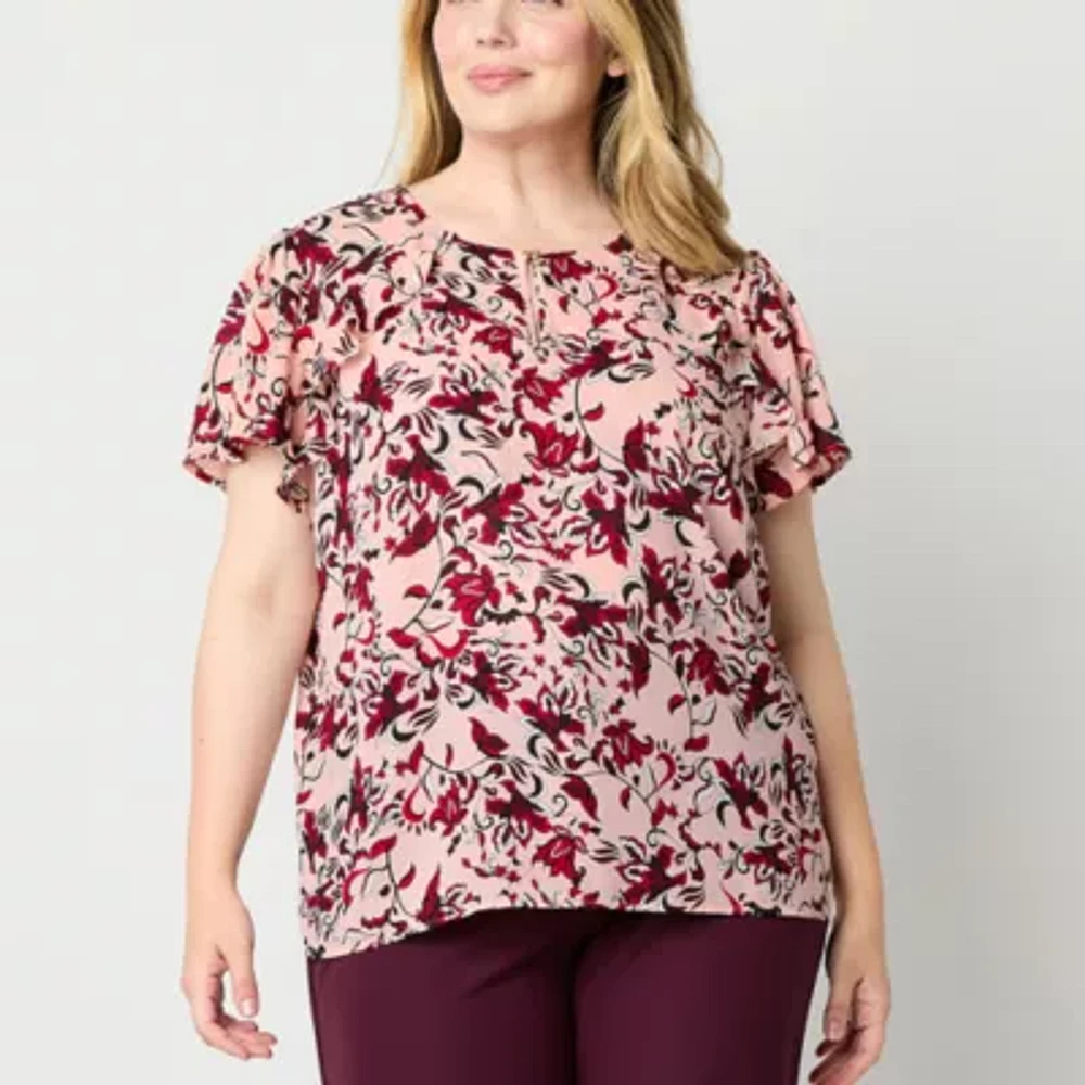 Liz Claiborne Plus Womens Split Crew Neck Short Sleeve Blouse