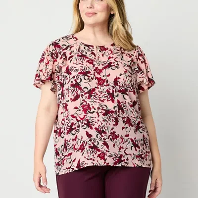 Liz Claiborne Plus Womens Split Crew Neck Short Sleeve Blouse