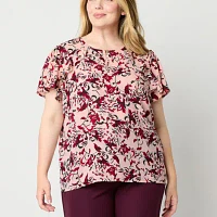 Liz Claiborne Plus Womens Split Crew Neck Short Sleeve Blouse