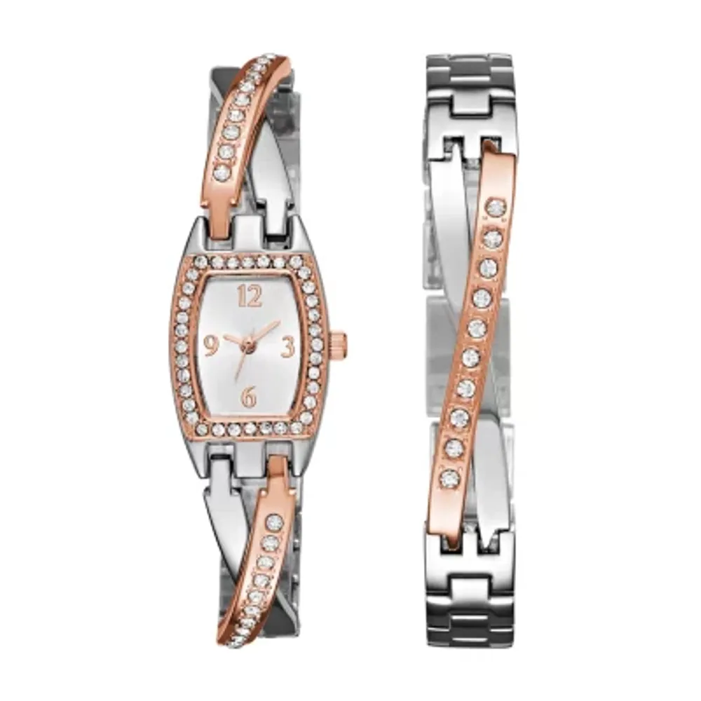 Geneva Womens Rose Gold and Silver-Tone Bangle Watch Boxed Set