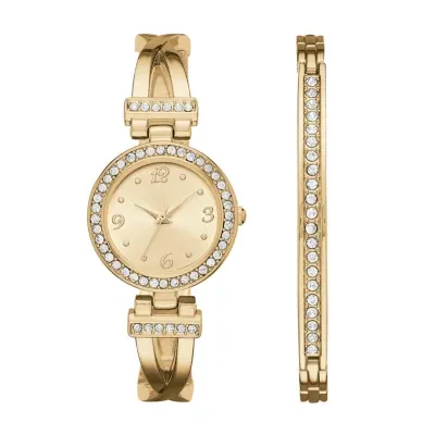 Geneva Womens Gold-Tone T-Bar Bangle Watch Boxed Set