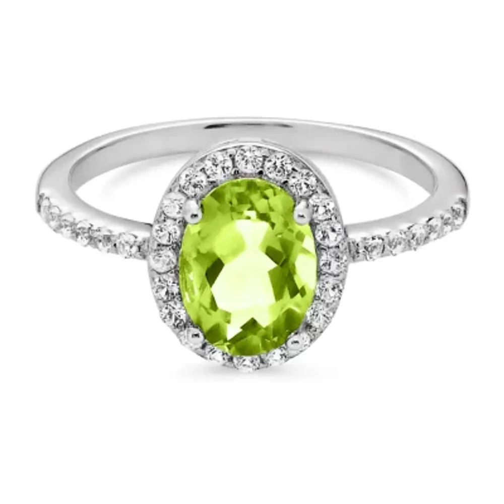 Womens Genuine Green Peridot Sterling Silver Oval Halo Cocktail Ring