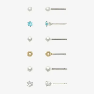 Mixit Silver Tone Crystal & Simulated Pearl Stud 6 Pair Earring Set