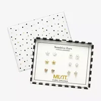 Mixit Hypoallergenic Tri Tone 6 Pair Cubic Zirconia Cross Crown Heart Earring Set