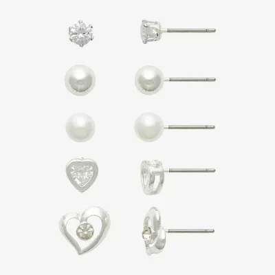 Mixit Hypoallergenic Silver Tone Stud 5 Pair Simulated Pearl Heart Round Earring Set