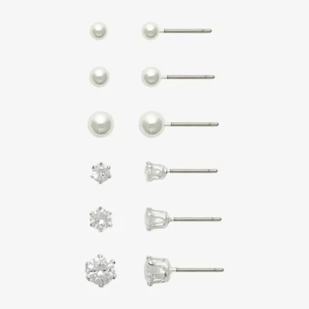 Mixit Silver Tone Crystal & Simulated Pearl Stud 6 Pair Simulated Pearl Earring Set