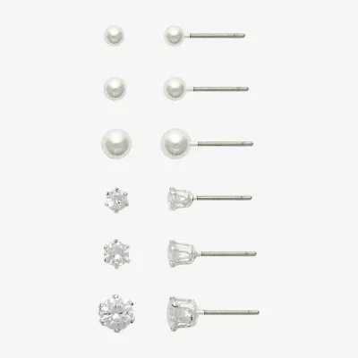 Mixit Hypoallergenic Silver Tone 6 Pair Simulated Pearl Round Earring Set