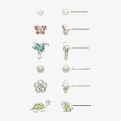 Mixit Hypoallergenic Silver Tone Hummingbird Turtle 6 Pair Cubic Zirconia Butterfly Flower Earring Set