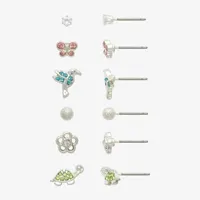 Mixit Hypoallergenic Silver Tone Hummingbird Turtle 6 Pair Cubic Zirconia Butterfly Flower Earring Set