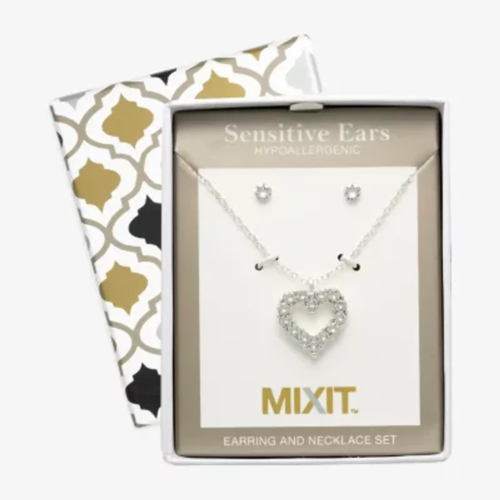 Mixit Hypoallergenic Silver Tone Pendant Necklace & Stud Earrings 2-pc. Crystal Heart Jewelry Set