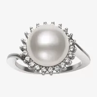 Womens 9-10MM White Cultured Freshwater Pearl Sterling Silver Halo Cocktail Ring