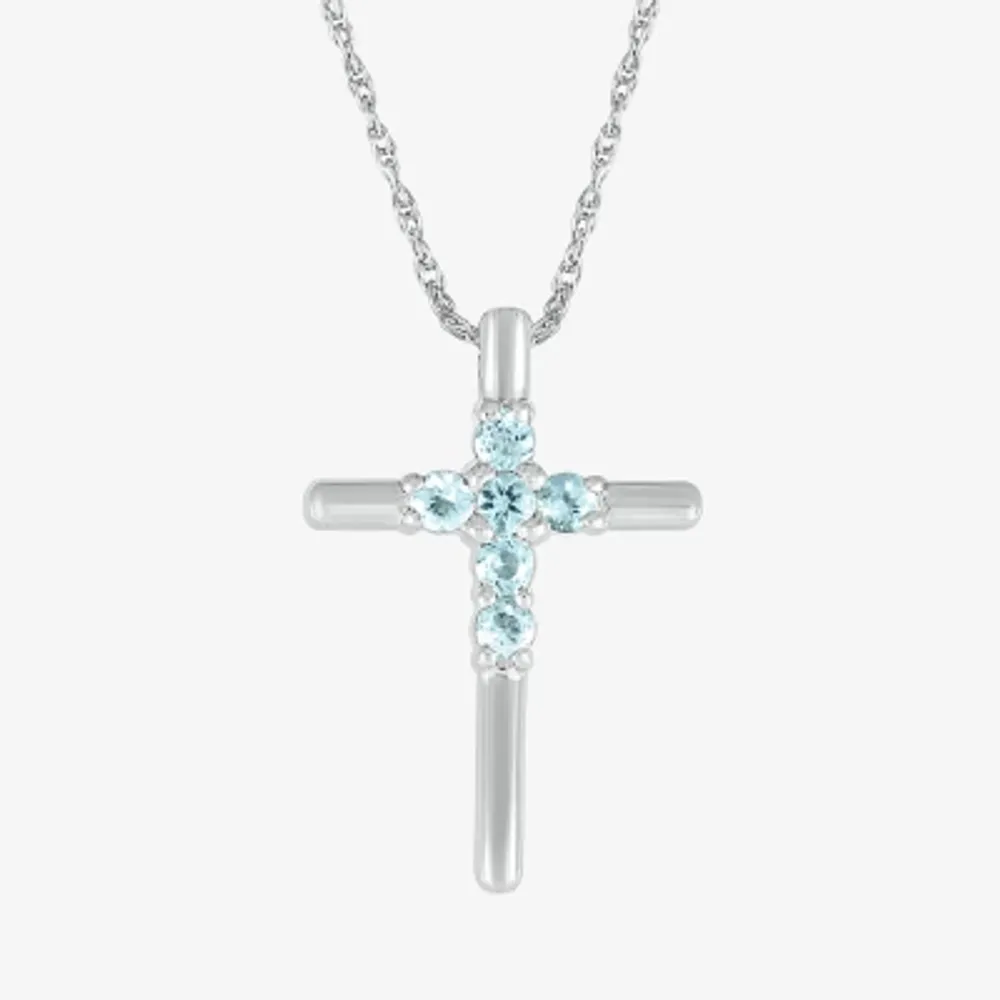 Womens Genuine Blue Aquamarine Sterling Silver Cross Pendant Necklace