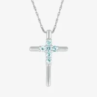 Womens Genuine Blue Aquamarine Sterling Silver Cross Pendant Necklace