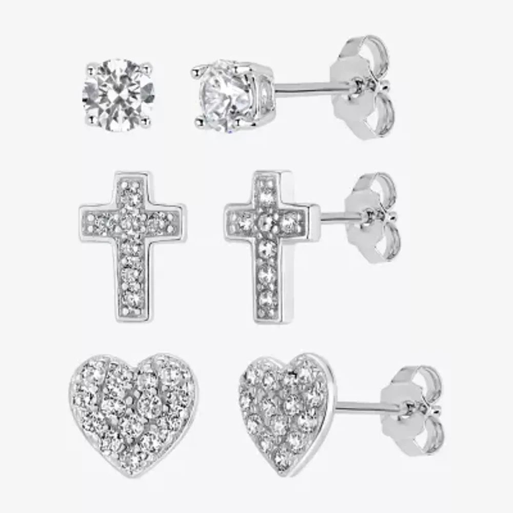 White Cubic Zirconia Sterling Silver Heart 3 Pair Earring Set