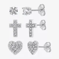 White Cubic Zirconia Sterling Silver Heart 3 Pair Earring Set