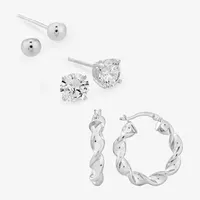 White Cubic Zirconia Sterling Silver Ball 3 Pair Earring Set