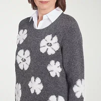 Alfred Dunner Copenhagen Womens 3/4 Sleeve Floral Layered Sweaters