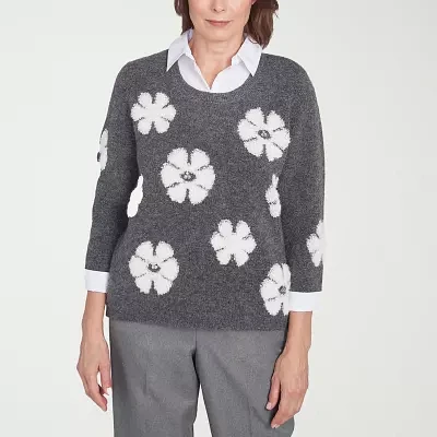 Alfred Dunner Copenhagen Womens 3/4 Sleeve Floral Layered Sweaters