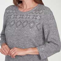 Alfred Dunner Copenhagen Womens Crew Neck Embellished 3/4 Sleeve Pullover Sweater