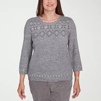 Alfred Dunner Copenhagen Womens Crew Neck Embellished 3/4 Sleeve Pullover Sweater