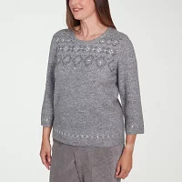 Alfred Dunner Copenhagen Womens Crew Neck Embellished 3/4 Sleeve Pullover Sweater