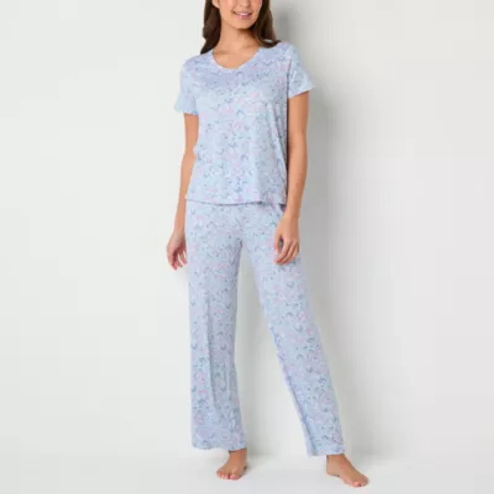 Jaclyn Womens V-Neck Short Sleeve 2-pc. Pant Pajama Set