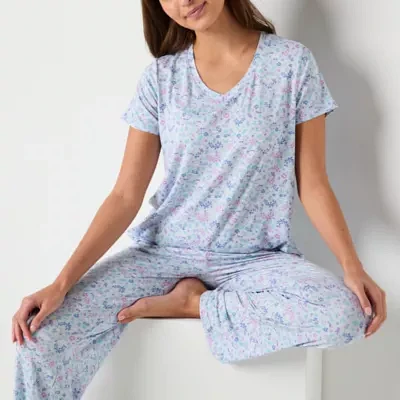 Jaclyn Womens V-Neck Short Sleeve 2-pc. Pant Pajama Set