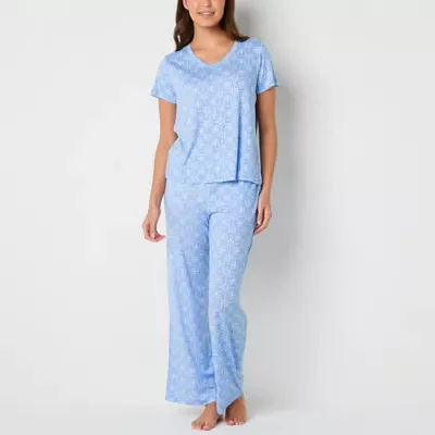 Jaclyn Womens V-Neck Short Sleeve 2-pc. Pant Pajama Set