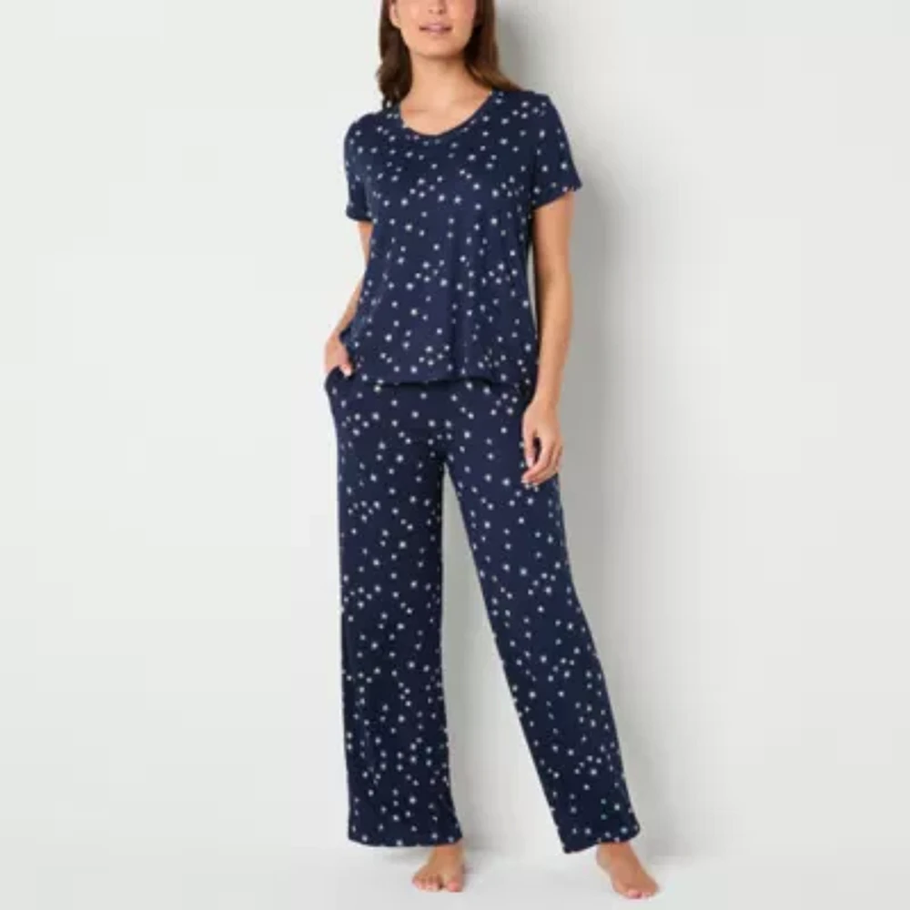 Jaclyn Womens V-Neck Short Sleeve 2-pc. Pant Pajama Set