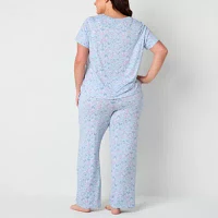 Jaclyn Womens Plus V-Neck Short Sleeve 2-pc. Pant Pajama Set