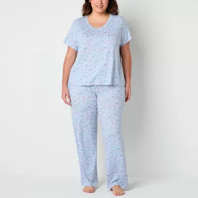 Jaclyn Womens Plus V-Neck Short Sleeve 2-pc. Pant Pajama Set