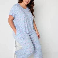 Jaclyn Womens Plus V-Neck Short Sleeve 2-pc. Pant Pajama Set