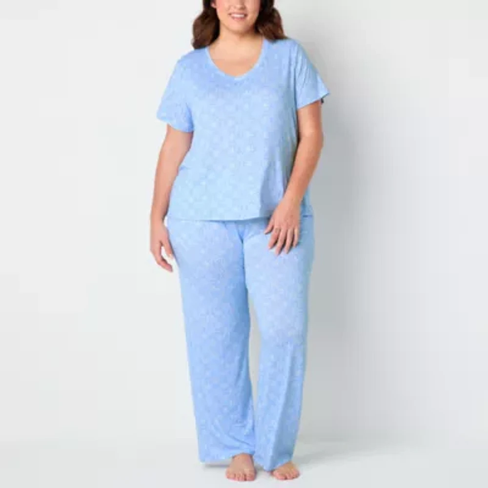 Jaclyn Womens Plus V-Neck Short Sleeve 2-pc. Pajama Sets