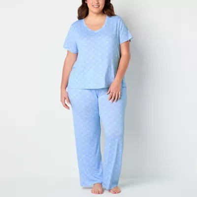 Jaclyn Womens Plus V-Neck Short Sleeve 2-pc. Pajama Sets
